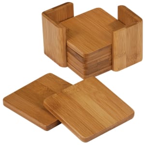 3 3/4" x 3 3/4" Bamboo Square 6-Coaster Set with Holder